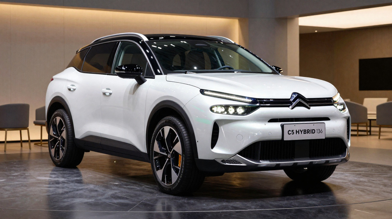 Carro Citroën C5 Hybrid branco em exposição, com teto preto e rodas modernas, em ambiente interno iluminado.