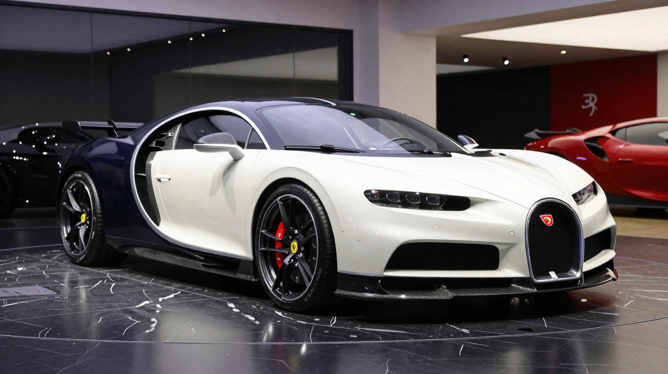 Carro esportivo branco e preto exibido em salão interno com outros carros ao fundo.