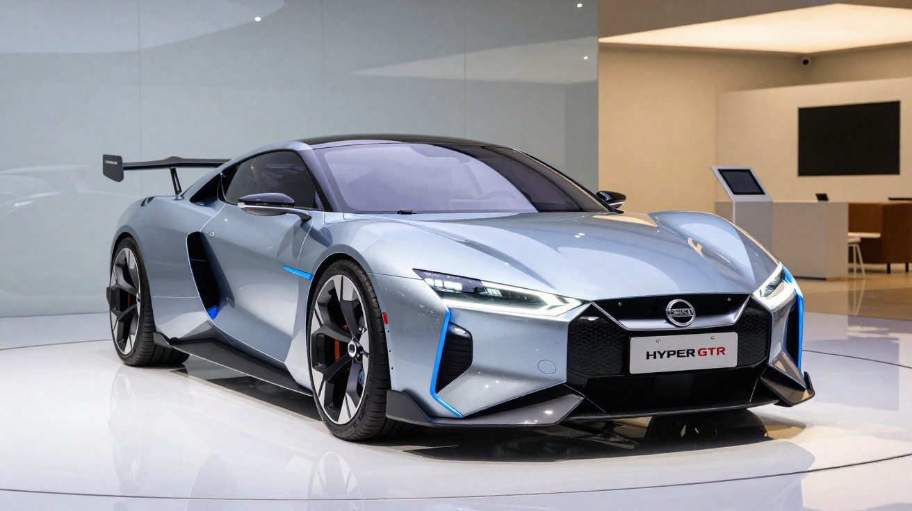 Carro esportivo prata Nissan Hyper GTR em exposição com aerofólio traseiro e design futurista.