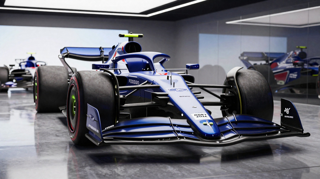 Carro de Fórmula 1 azul com detalhes pretos e amarelos exposto em sala com piso de concreto e espelho.
