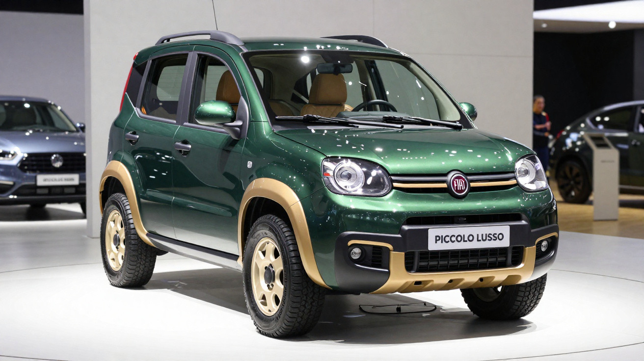 Carro Fiat Piccolo Lusso verde com detalhes dourados exposto em estande de salão automotivo.