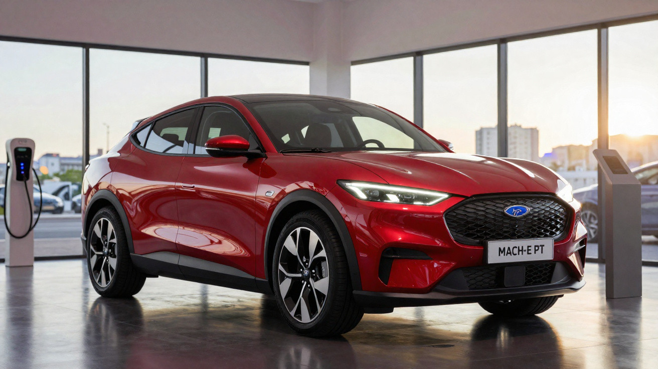 Carro elétrico vermelho Ford Mach-E PT estacionado em showroom com estação de recarga ao lado.