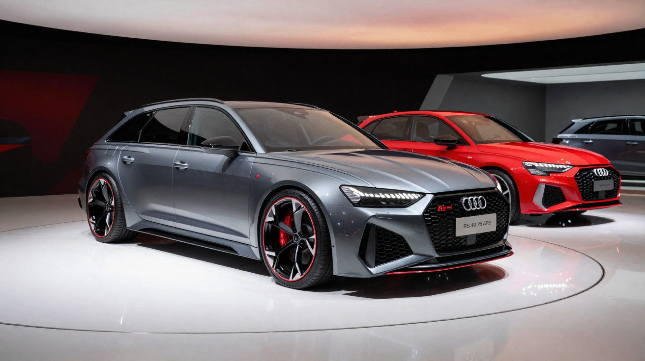 Dois carros esportivos Audi RS, um cinza na frente e outro vermelho ao fundo, exibidos em ambiente moderno.