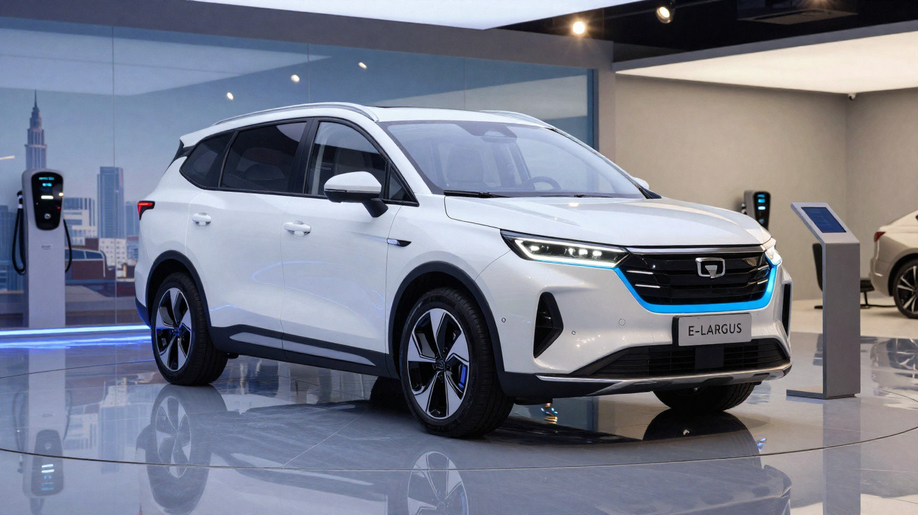 Carro elétrico branco E-Largus exibido em salão com estações de recarga ao fundo.