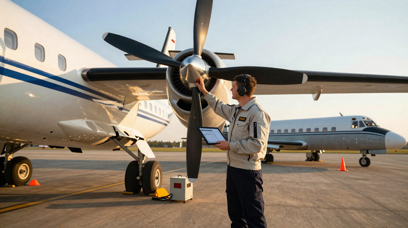 Técnico inspeciona hélice de avião turboélice com tablet na mão em pista de aeroporto ao entardecer.