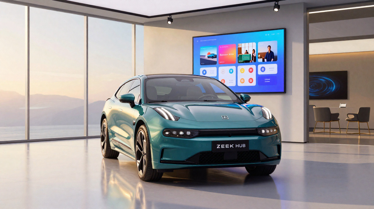 Carro elétrico verde Zeekr Hub em showroom moderno e bem iluminado.