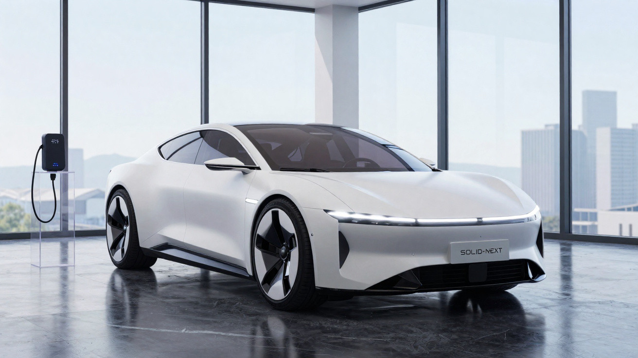 Carro esportivo elétrico branco com design futurista estacionado em ambiente interno ao lado de carregador.