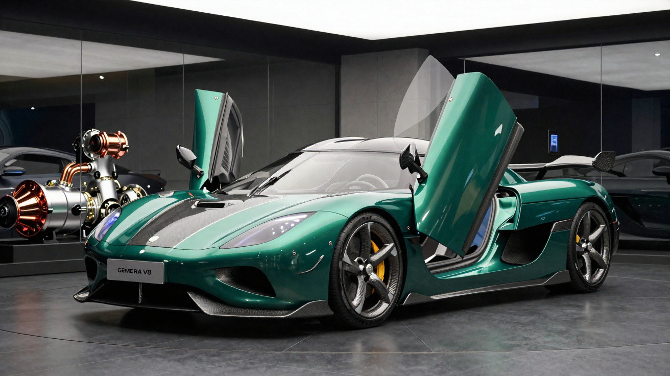 Carro esportivo verde metalizado Koenigsegg Gemera V8 com portas abertas em showroom moderno.