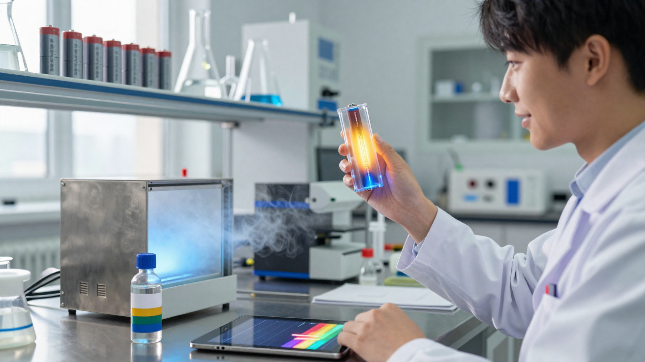 Pesquisador em laboratório observa amostra líquida luminosa em tubo de ensaio, com equipamentos científicos ao fundo.