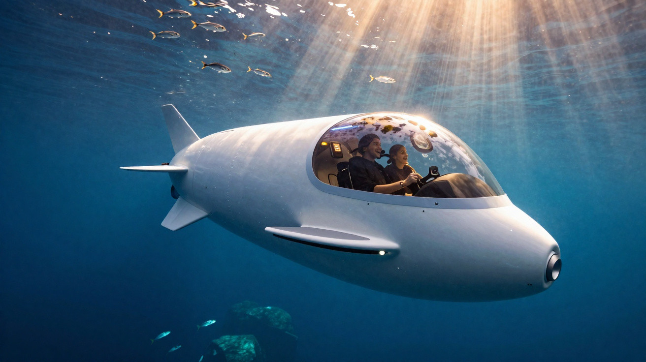 Submarino moderno com duas pessoas dentro explorando o oceano, com peixes nadando ao redor.