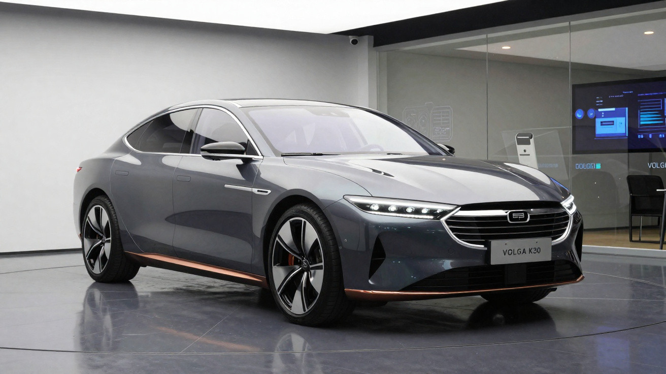 Carro elétrico cinza Volga K30 exibido em showroom com detalhes iluminados e rodas esportivas.