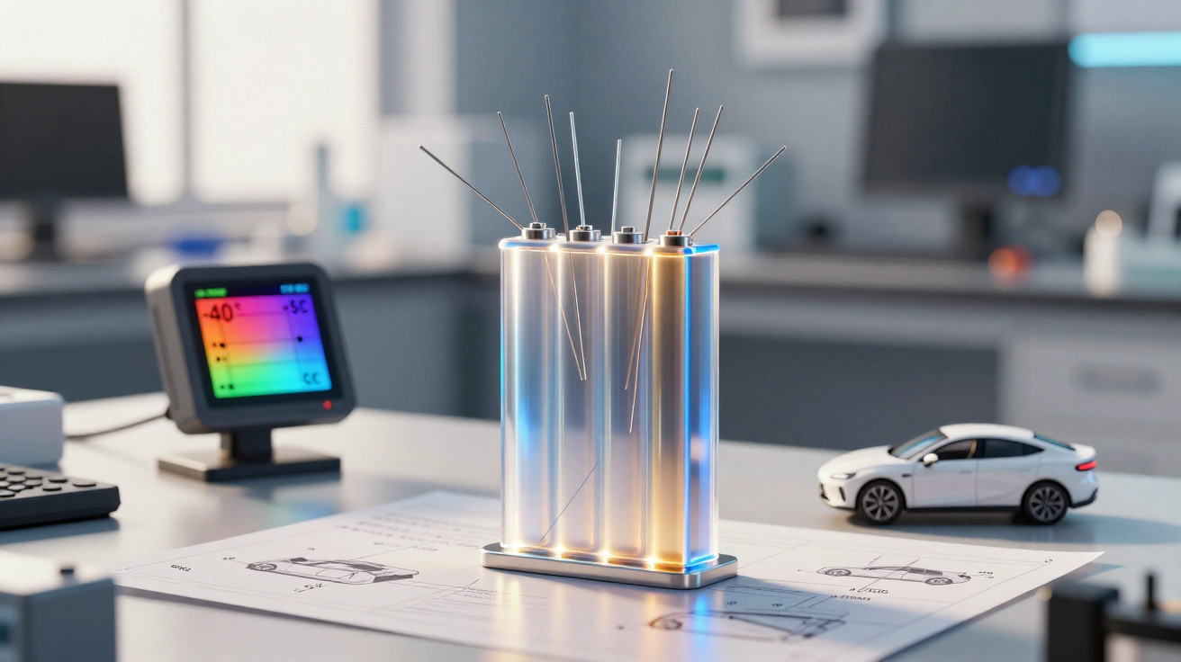 Célula de combustível em bancada de laboratório com medidor e miniatura de carro elétrico ao fundo.