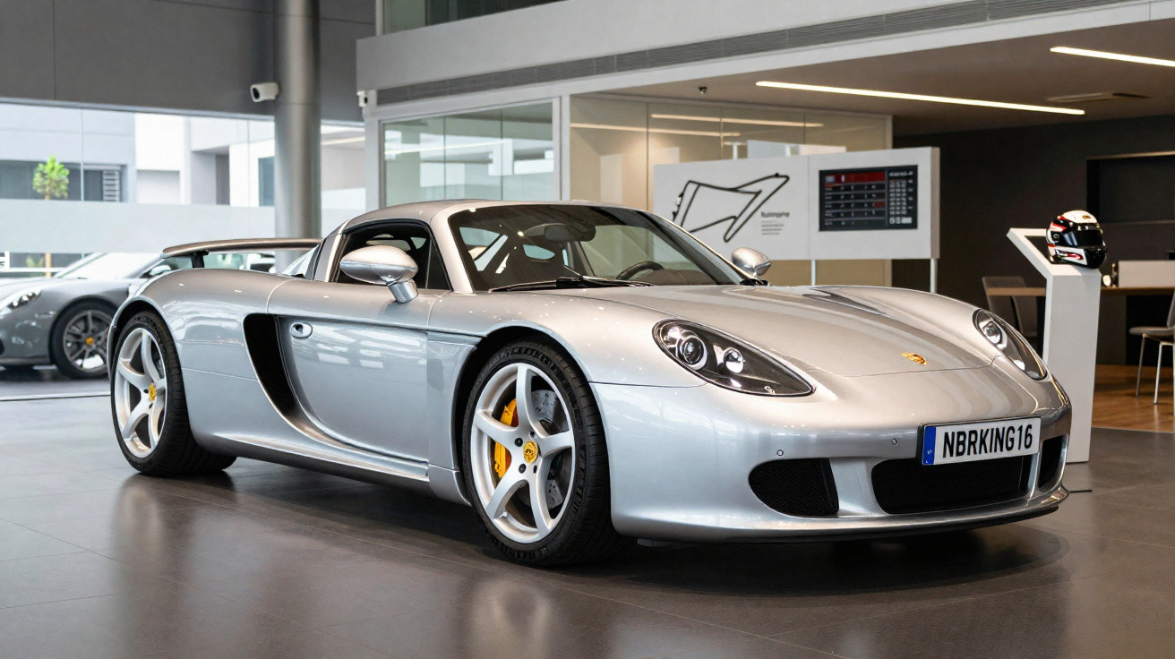 Carro esportivo prata Porsche Carrera GT em exposição interna com capacete no fundo.