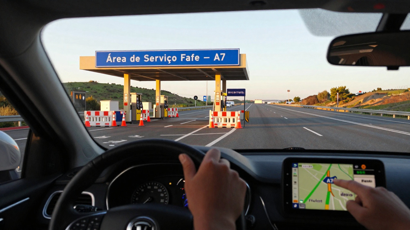 Vista do interior de um carro se aproximando de um posto de combustível na rodovia A7 em Fafe, Portugal.