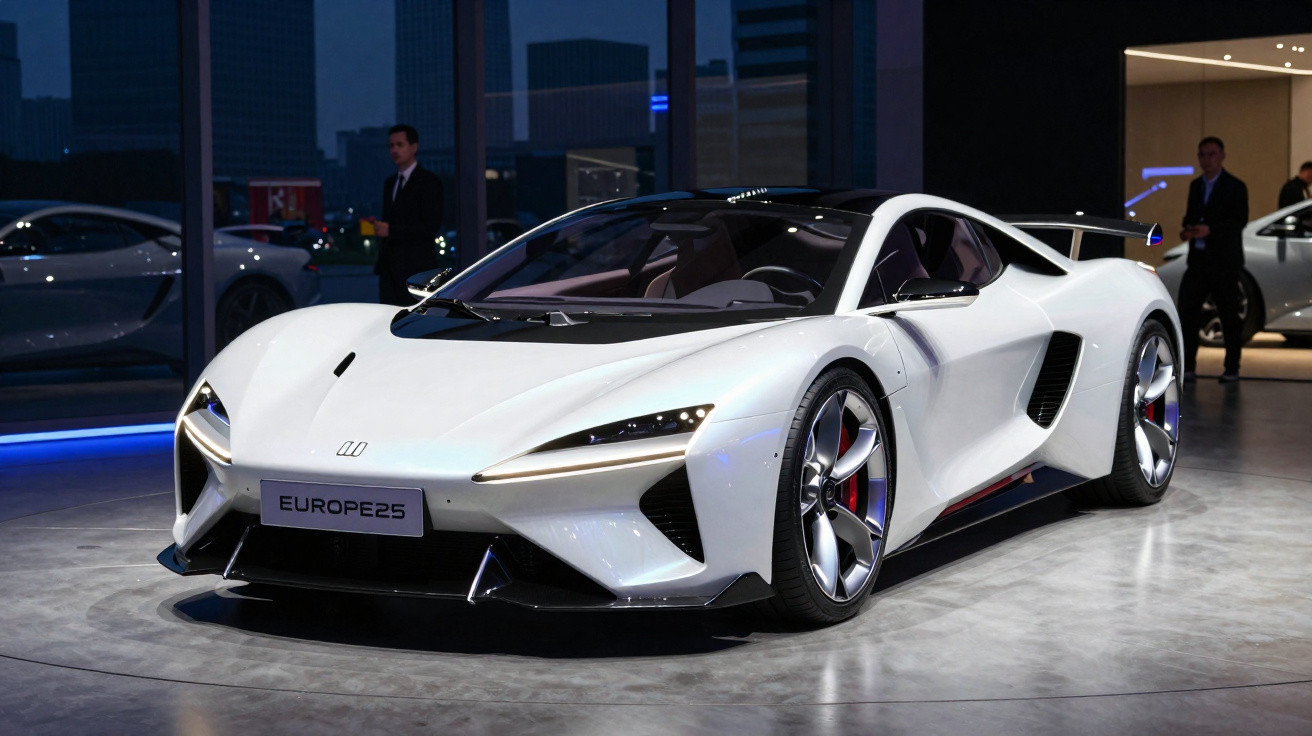 Carro esportivo branco elétrico exposto em showroom moderno com pessoas ao fundo.