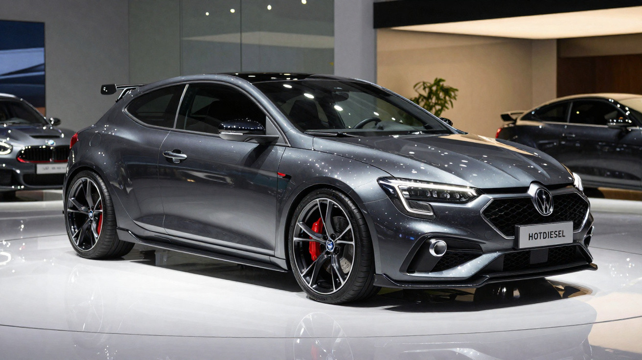 Carro esportivo cinza escuro com rodas pretas e detalhes vermelhos exibido em showroom moderno.