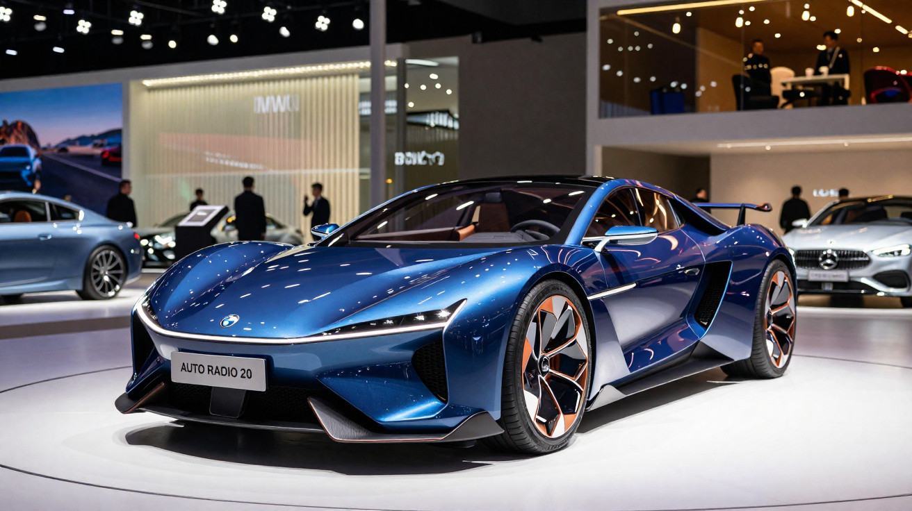 Carro esportivo futurista azul exibido em salão de automóveis com iluminação intensa e fundo com outros veículos.