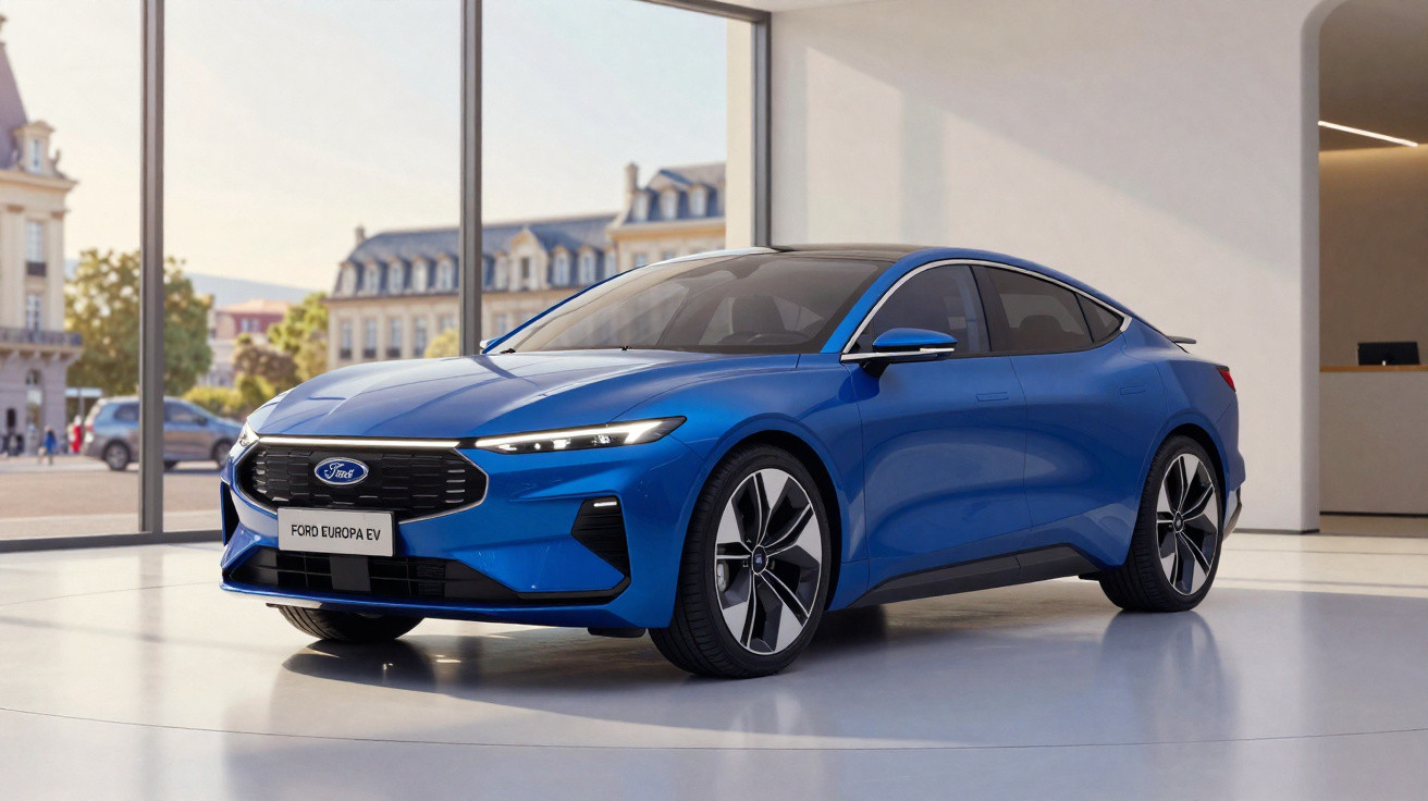 Carro elétrico azul Ford Europa EV estacionado em showroom com grandes janelas e vista urbana ao fundo.