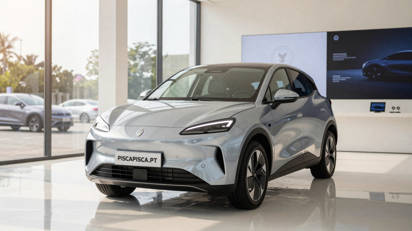 Carro elétrico cinza moderno exibido em showroom com piso brilhante e janelas grandes ao fundo.