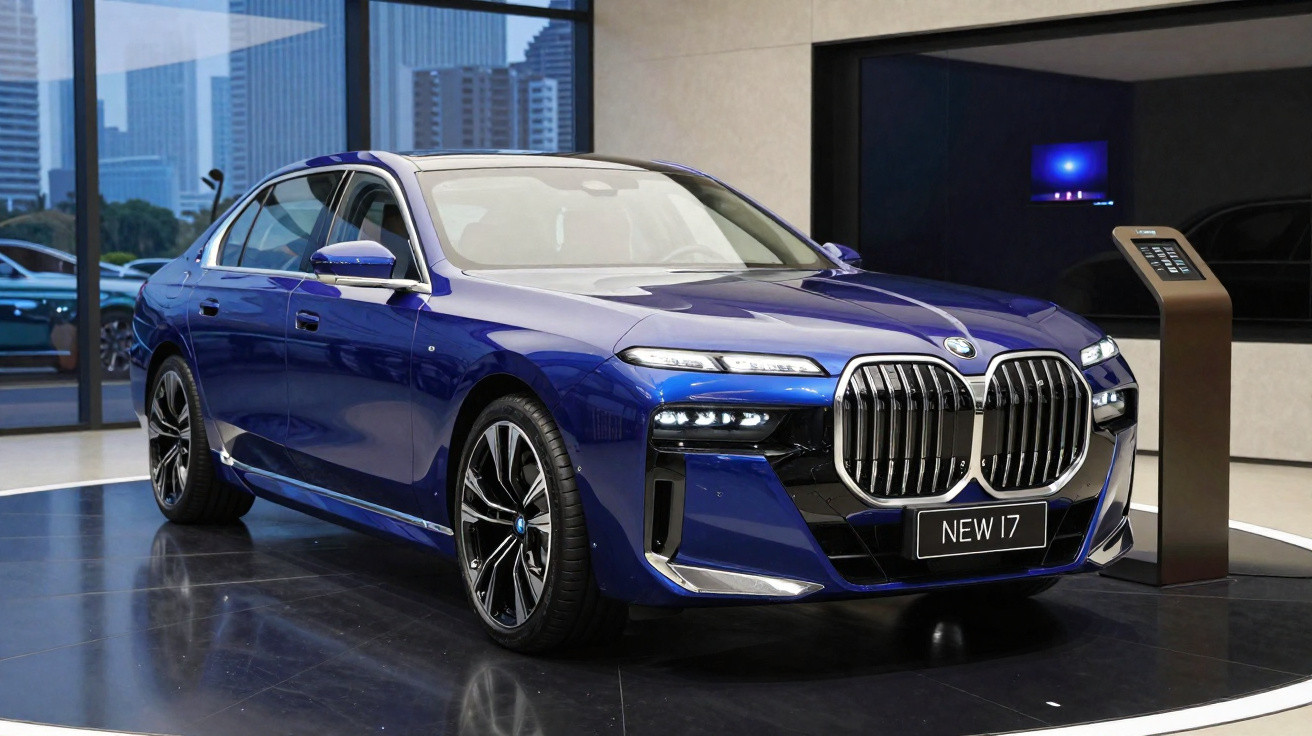 Carro azul BMW New i7 elétrico exibido em showroom moderno com iluminação interna.