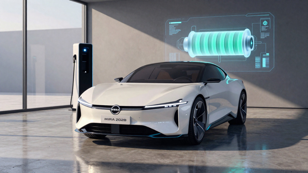 Carro elétrico branco modelo Mira 2028 estacionado próximo a um carregador de bateria em ambiente futurista.