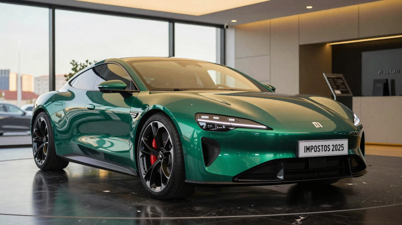 Carro esportivo elétrico verde exibido em showroom com placa escrita "IMPOSTOS 2025" dianteira.
