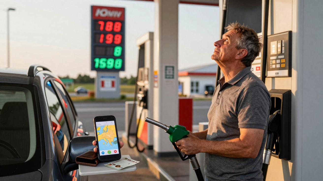 Homem abastece carro em posto de gasolina enquanto confere valores em celular e segurando nota fiscal.