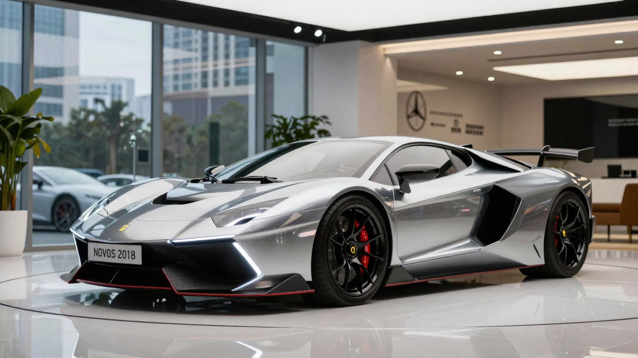 Carro esportivo prata com detalhes em preto e vermelho exibido em showroom moderno.