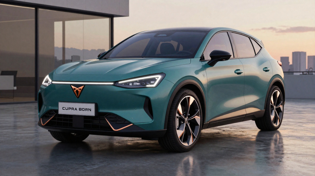 Carro elétrico Cupra Born verde com detalhes em cobre estacionado em área urbana moderna.