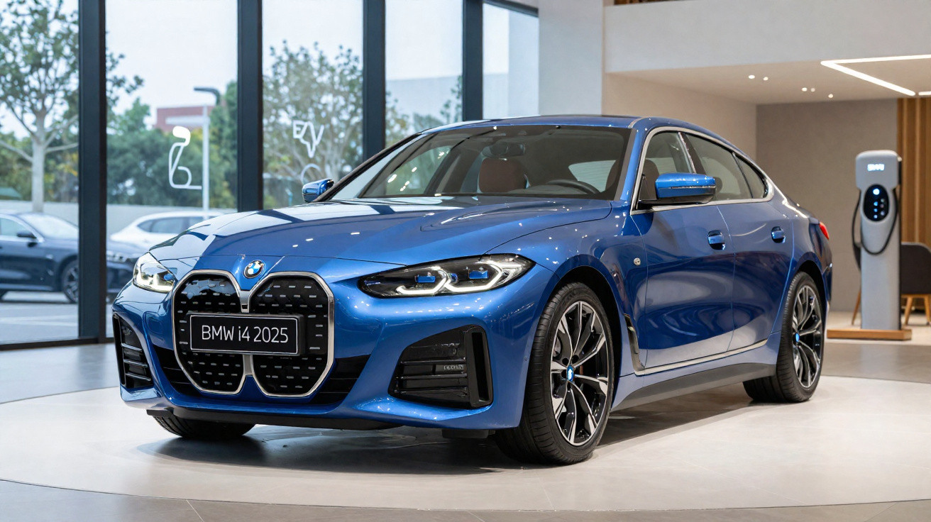 Carro elétrico BMW i4 2025 azul em exposição dentro de showroom moderno e iluminado.