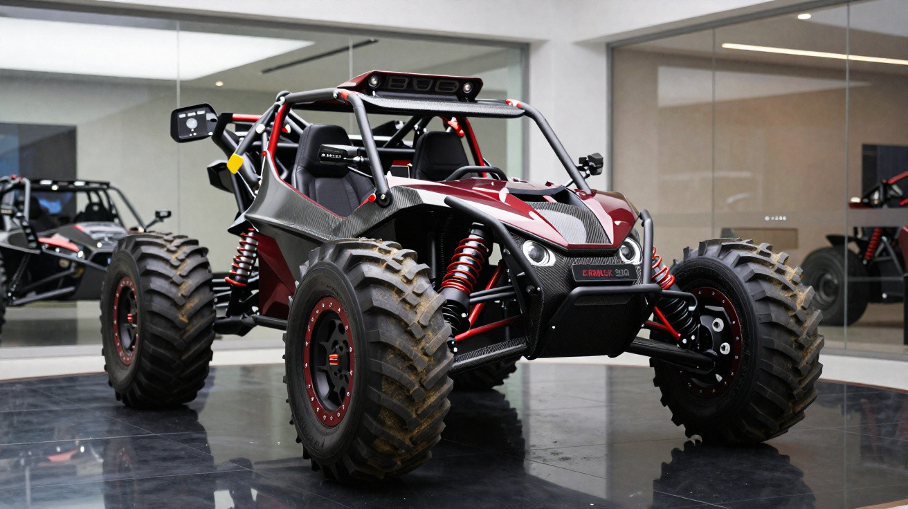 Veículo off-road esportivo com pneus grandes e estrutura reforçada em exposição interna.