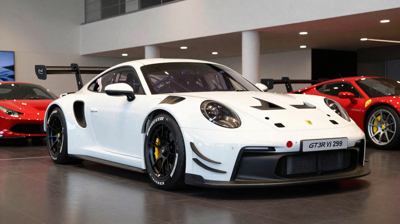 Carro esportivo branco Porsche 911 GT3 RS com spoiler traseiro em exposição em showroom.