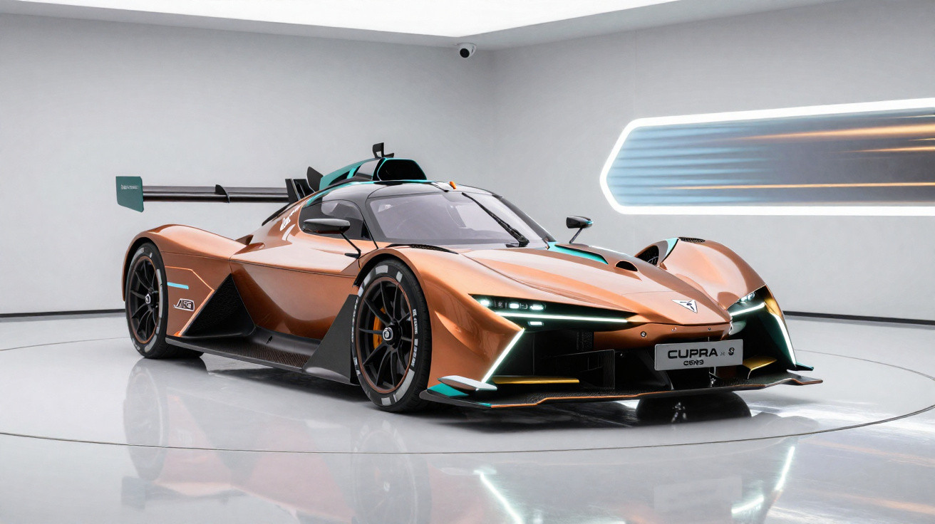 Carro de corrida elétrico laranja e azul em ambiente moderno com iluminação branca.