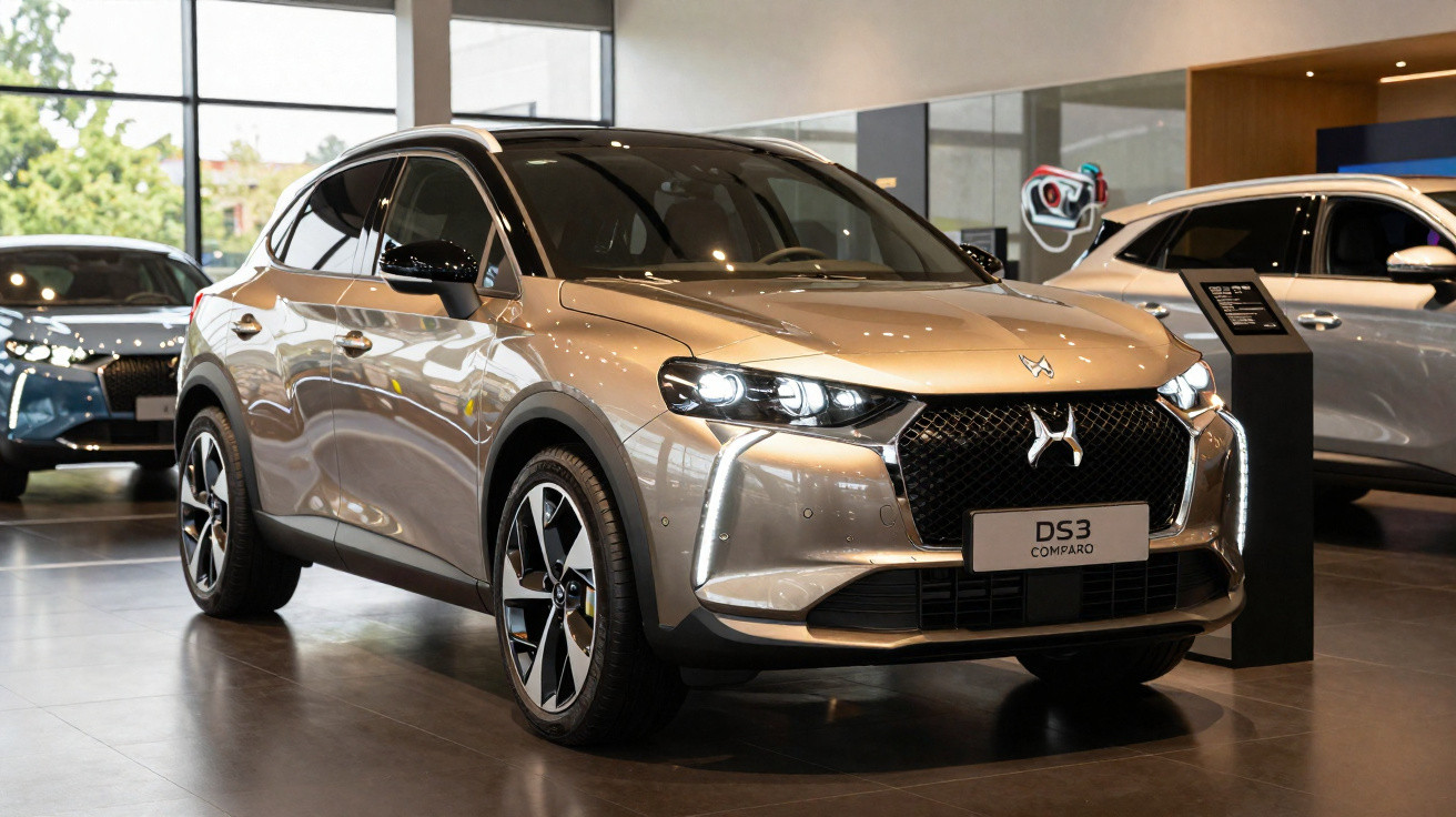 Carro DS3 Comparo bronze exibido em showroom moderno com iluminação suave e outro carro azul ao fundo.