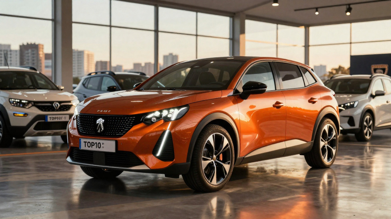 Carro SUV compacto laranja estacionado em showroom moderno com paredes de vidro e outros carros ao fundo.