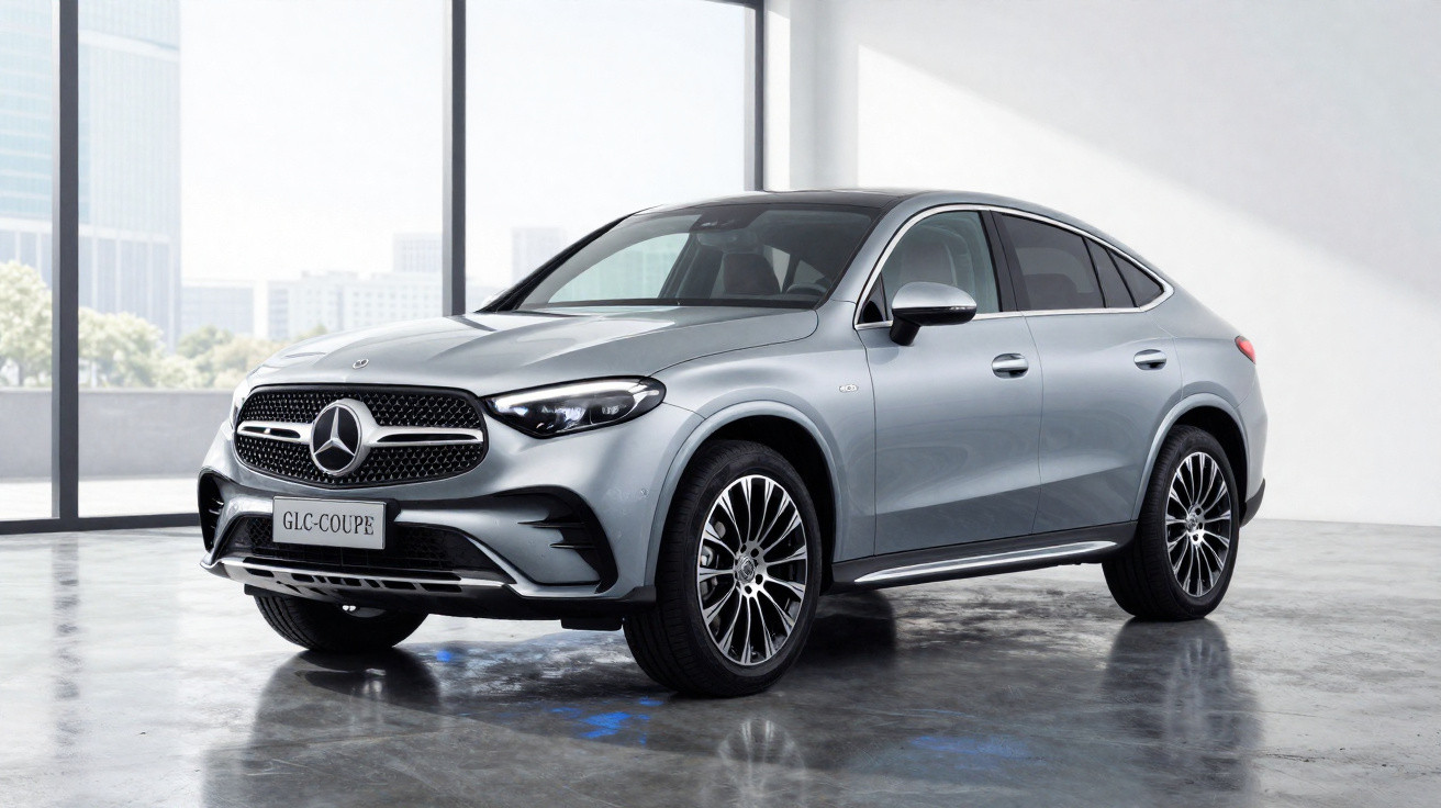 Mercedes-Benz GLC Coupe prata estacionado em ambiente interno com janelas amplas ao fundo.