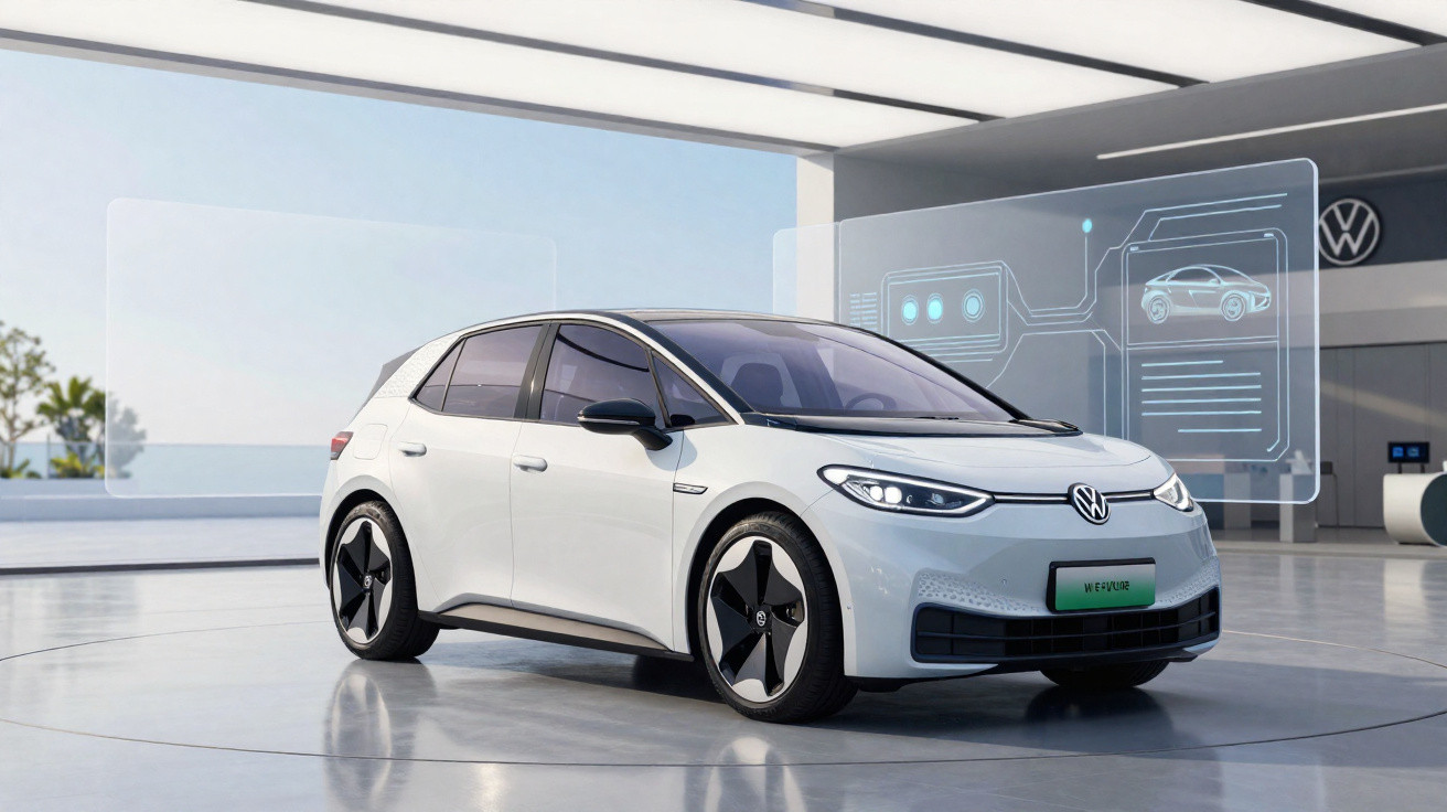 Carro elétrico branco Volkswagen ID.3 exposto em showroom moderno e iluminado.