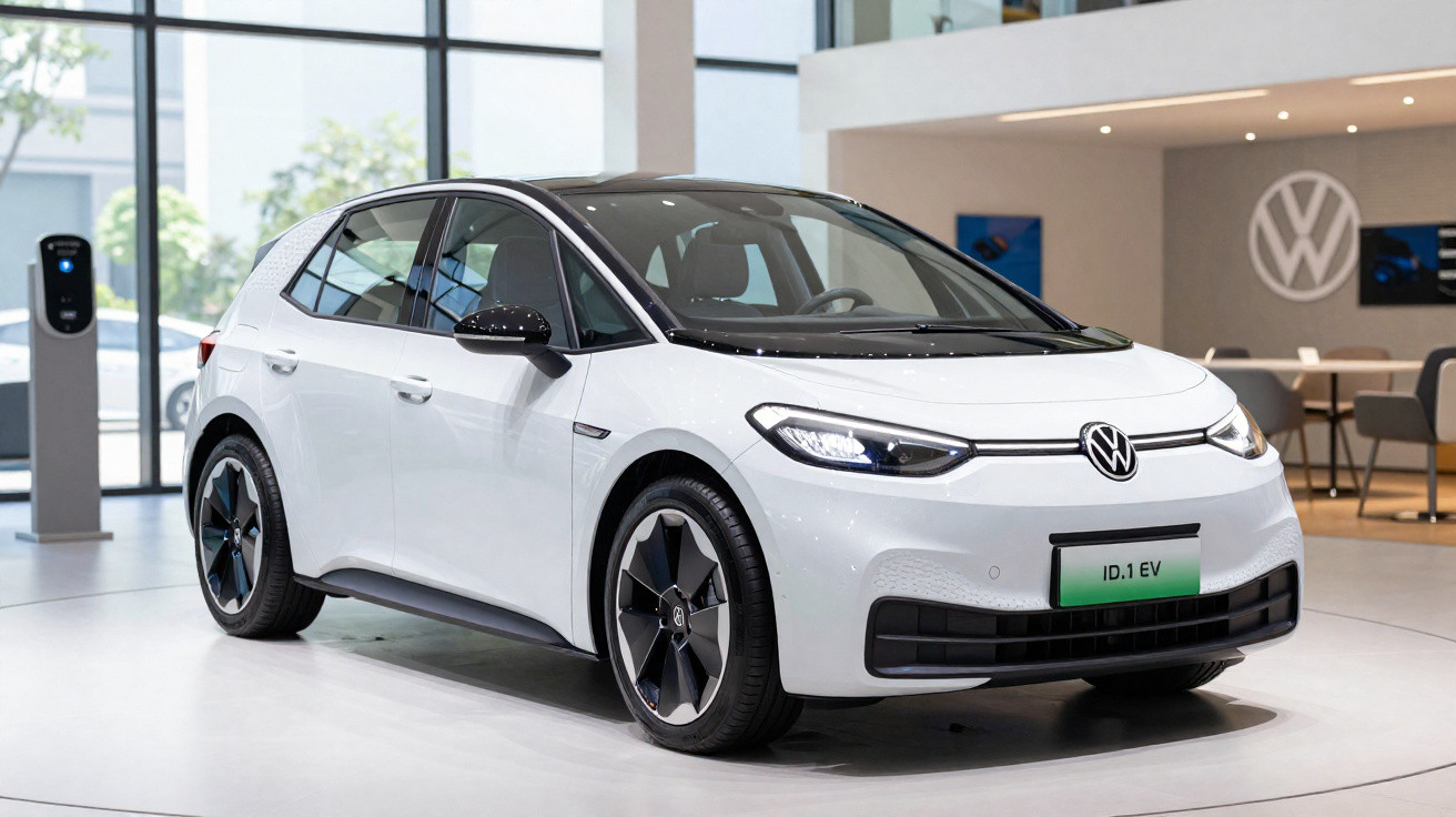 Carro elétrico Volkswagen ID.1 EV branco em showroom moderno com carregador ao fundo e logo VW visível.