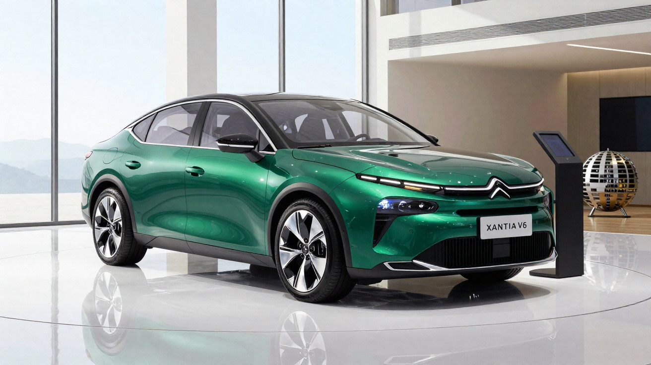 Carro elétrico Citroën Xantia V6 verde exibido em showroom moderno com grandes janelas.