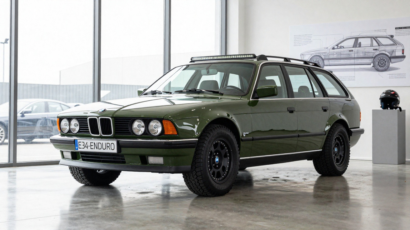 Carro BMW E34 Enduro verde com rodas pretas em ambiente interno com desenhos de veículos na parede.