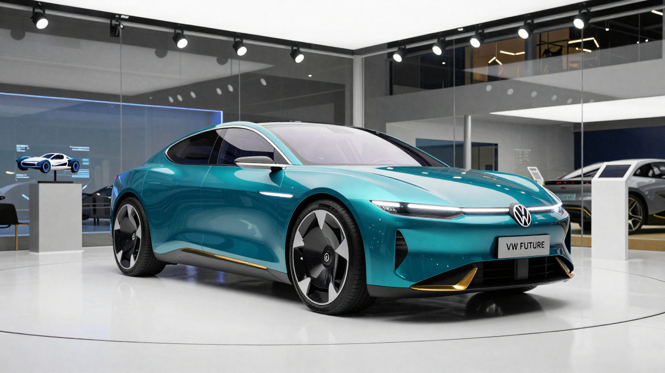Carro elétrico Volkswagen sedã azul exibido em showroom moderno com projeção digital do chassi ao lado.