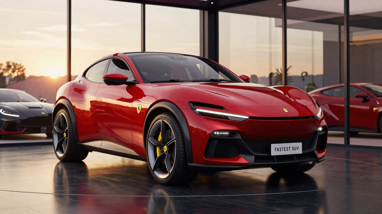 SUV esportivo vermelho da Ferrari em showroom moderno, com luz do pôr do sol e reflexos no chão brilhante.