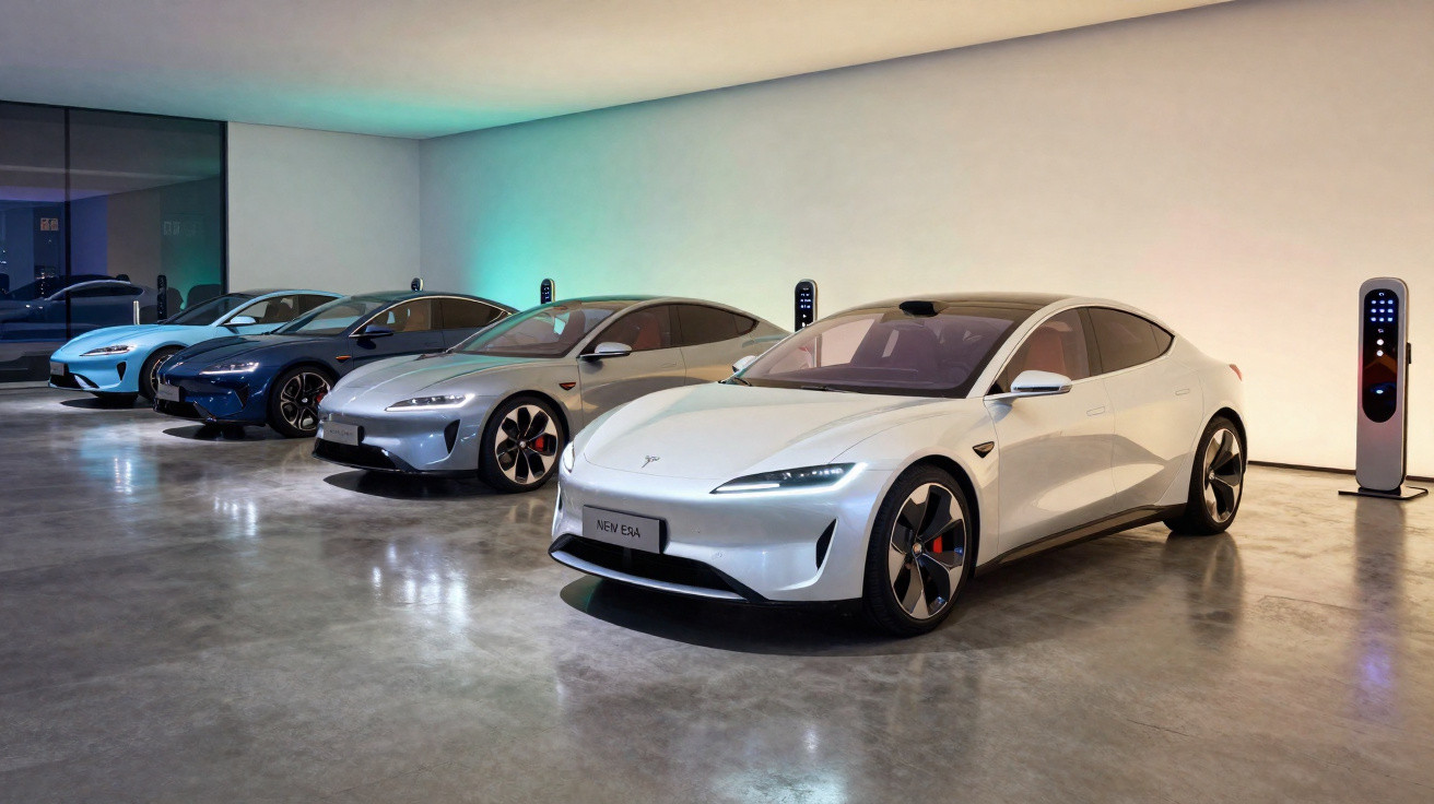 Quatro carros elétricos Tesla em diferentes cores exibidos em salão moderno com piso refletivo.