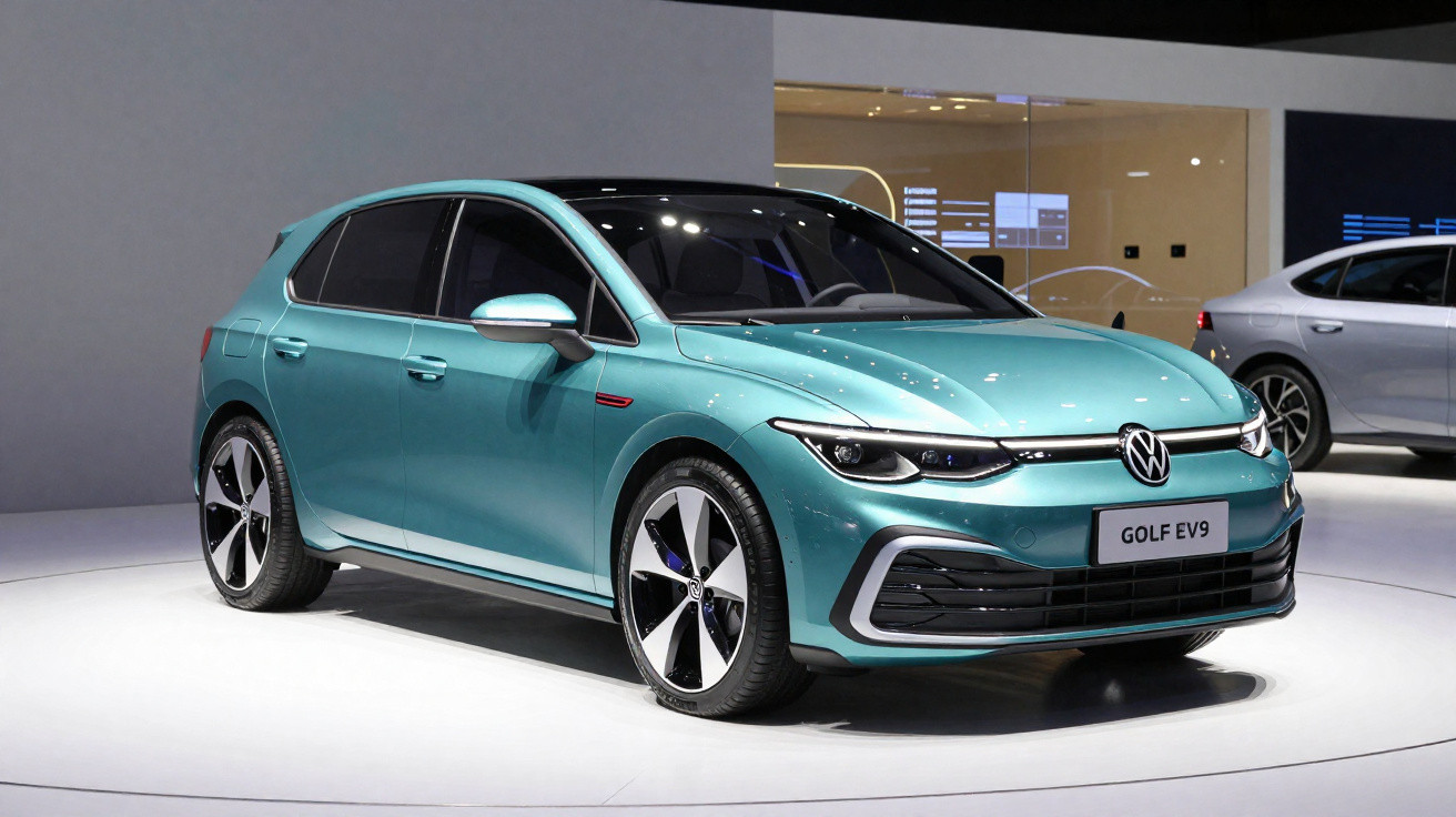 Carro elétrico Volkswagen Golf EV9 azul em exposição sob iluminação em ambiente interno.