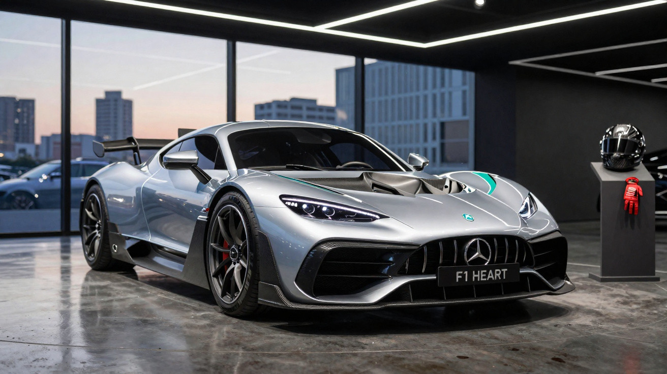 Carro esportivo Mercedes-Benz prata em exposição moderna com grandes janelas e capacete ao fundo.