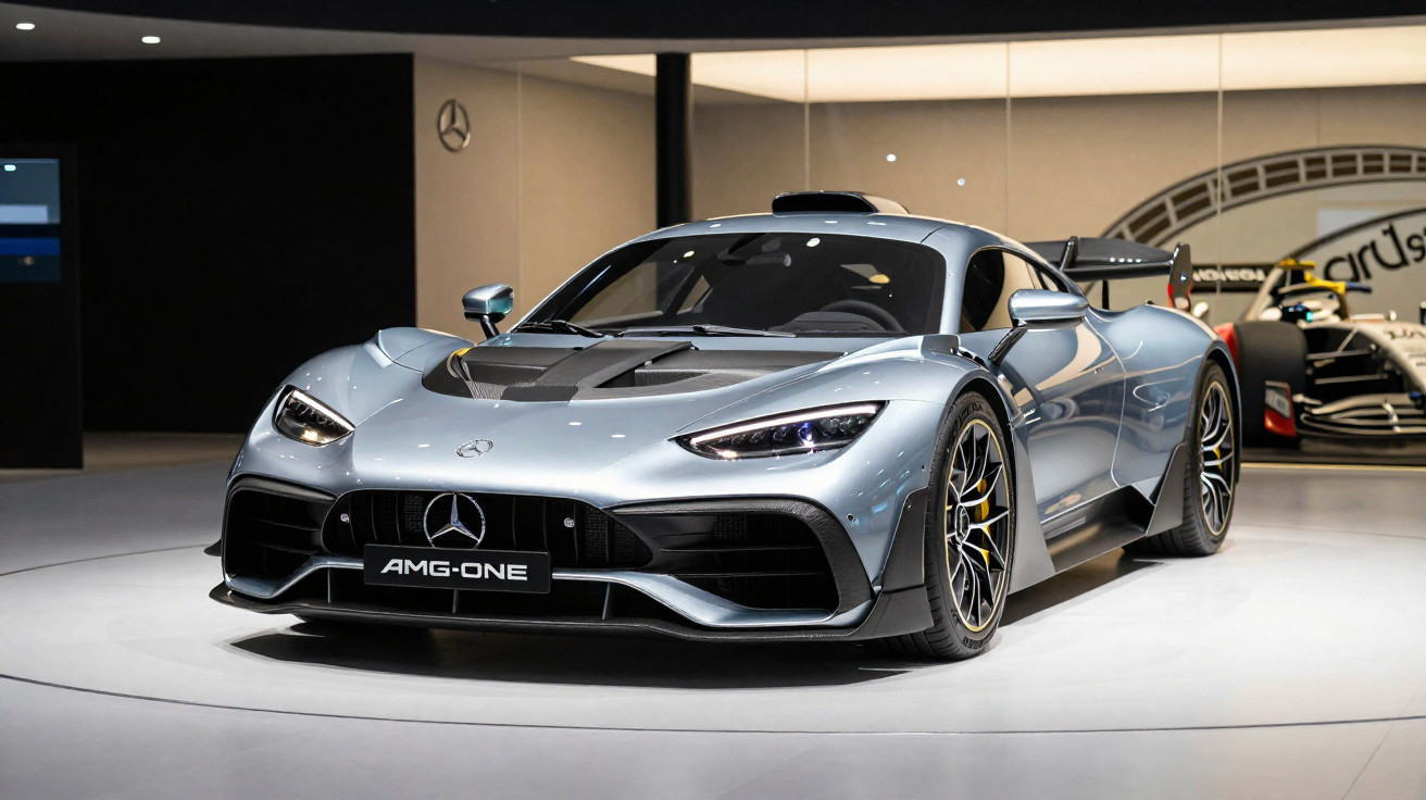 Carro esportivo Mercedes-AMG One prata exibido em sala de exposição moderna com parede espelhada.