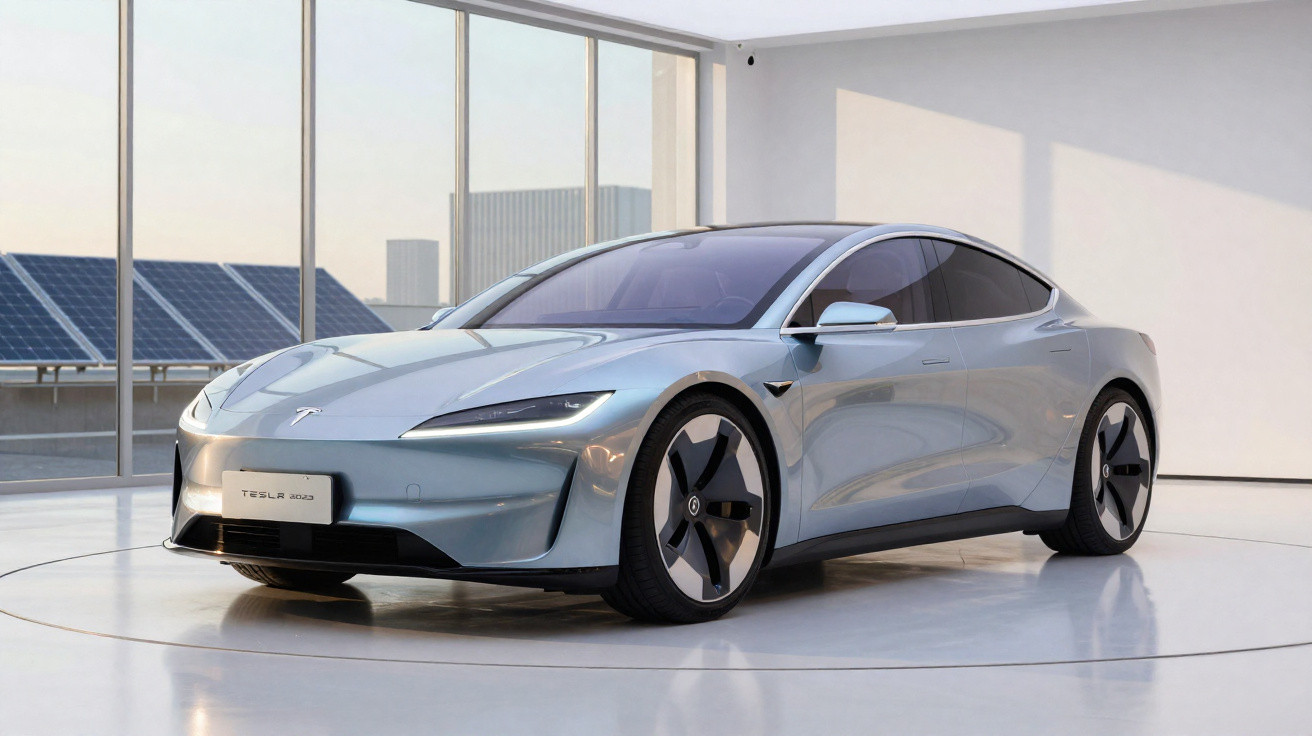 Carro elétrico Tesla cinza estacionado em salão moderno com janelas grandes e vista urbana ao fundo.