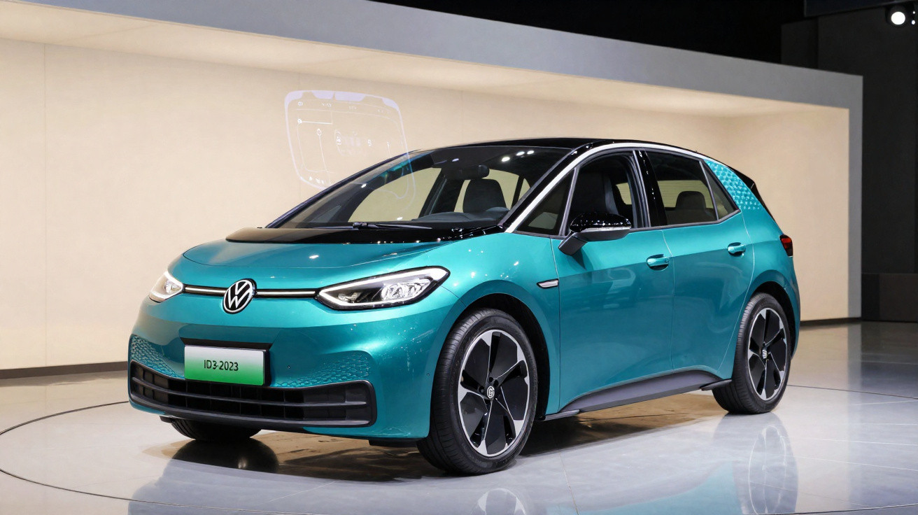 Carro elétrico Volkswagen ID.3 na cor azul turquesa exposto em salão de automóveis.