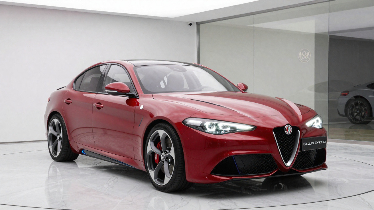 Carro esportivo Alfa Romeo Giulia EV vermelho estacionado em ambiente interno moderno e minimalista.