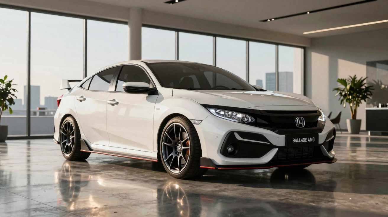 Carro esportivo branco Honda Civic estacionado em ambiente interno com vidro e iluminação natural ao fundo.